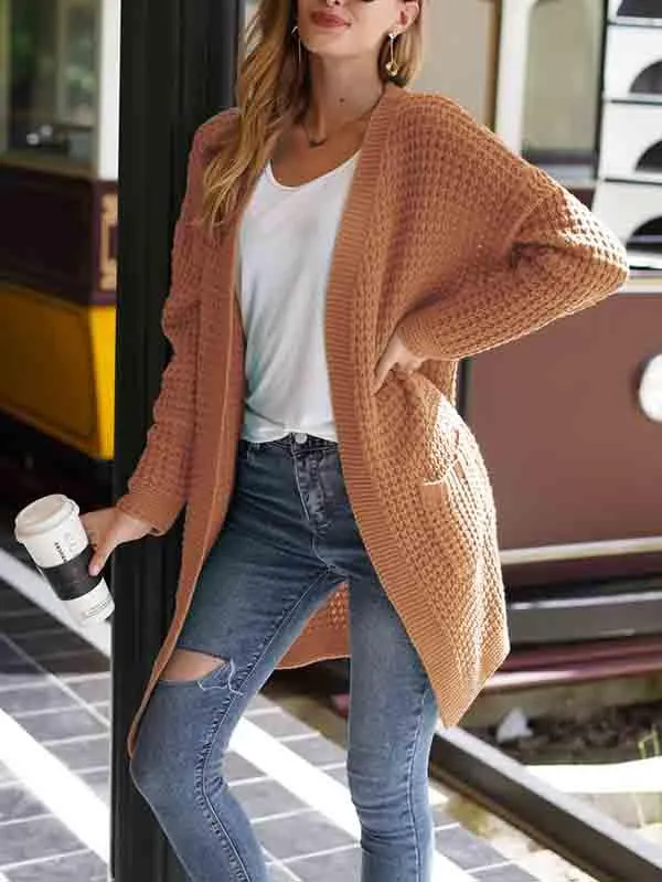 Open Front Waffle Knit Dolman Sleeve Cardigan Sweater For Women