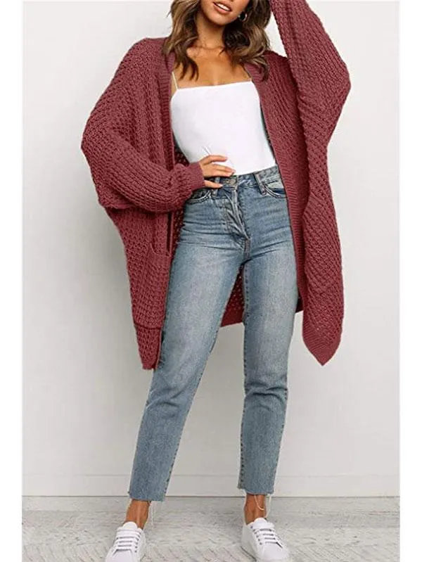 Open Front Waffle Knit Dolman Sleeve Cardigan Sweater For Women