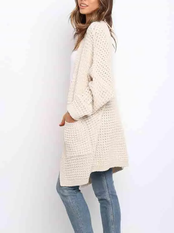 Open Front Waffle Knit Dolman Sleeve Cardigan Sweater For Women