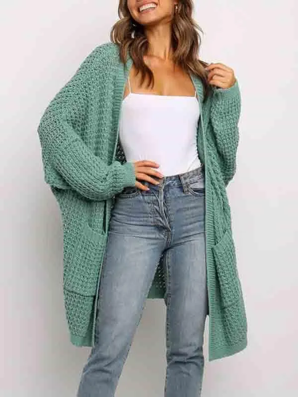 Open Front Waffle Knit Dolman Sleeve Cardigan Sweater For Women