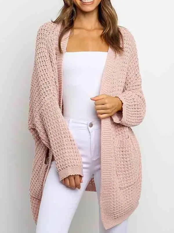 Open Front Waffle Knit Dolman Sleeve Cardigan Sweater For Women