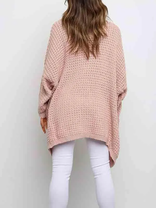 Open Front Waffle Knit Dolman Sleeve Cardigan Sweater For Women