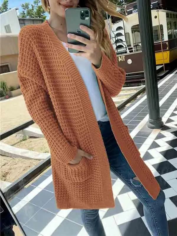 Open Front Waffle Knit Dolman Sleeve Cardigan Sweater For Women