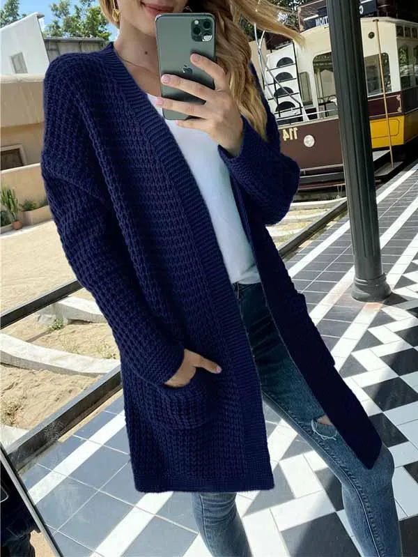 Open Front Waffle Knit Dolman Sleeve Cardigan Sweater For Women