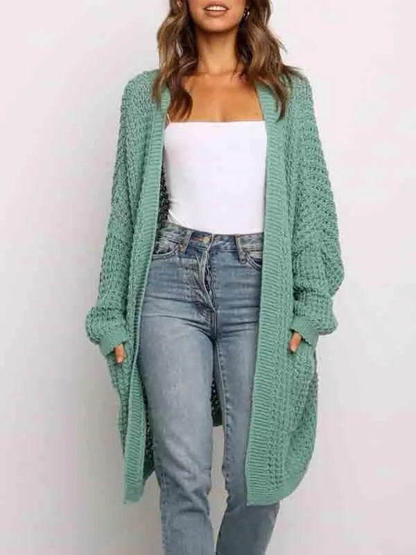 Open Front Waffle Knit Dolman Sleeve Cardigan Sweater For Women