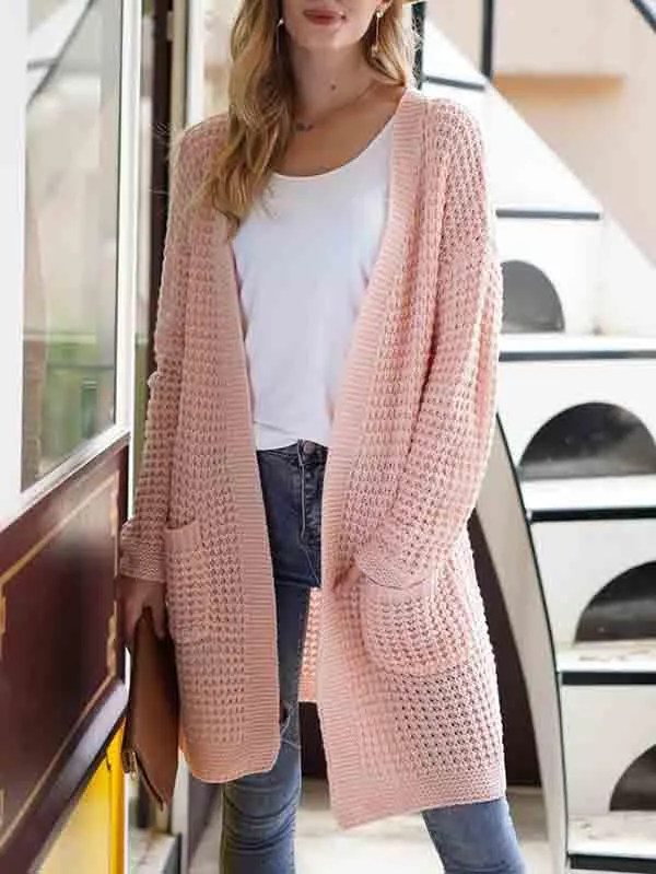 Open Front Waffle Knit Dolman Sleeve Cardigan Sweater For Women