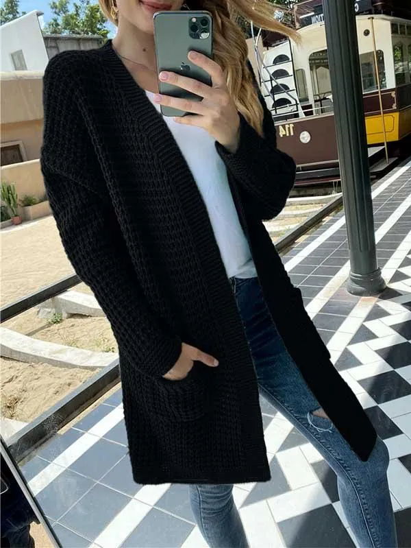 Open Front Waffle Knit Dolman Sleeve Cardigan Sweater For Women
