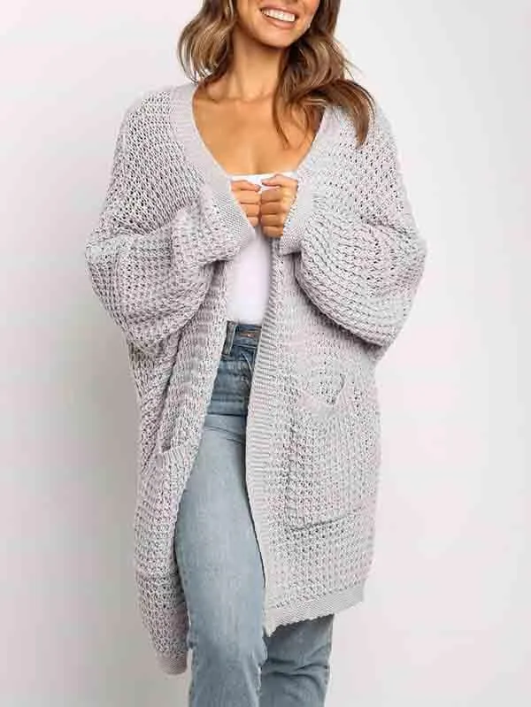 Open Front Waffle Knit Dolman Sleeve Cardigan Sweater For Women