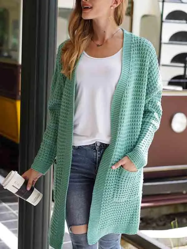 Open Front Waffle Knit Dolman Sleeve Cardigan Sweater For Women