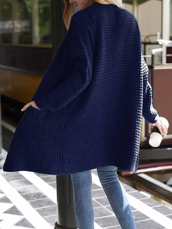 Open Front Waffle Knit Dolman Sleeve Cardigan Sweater For Women