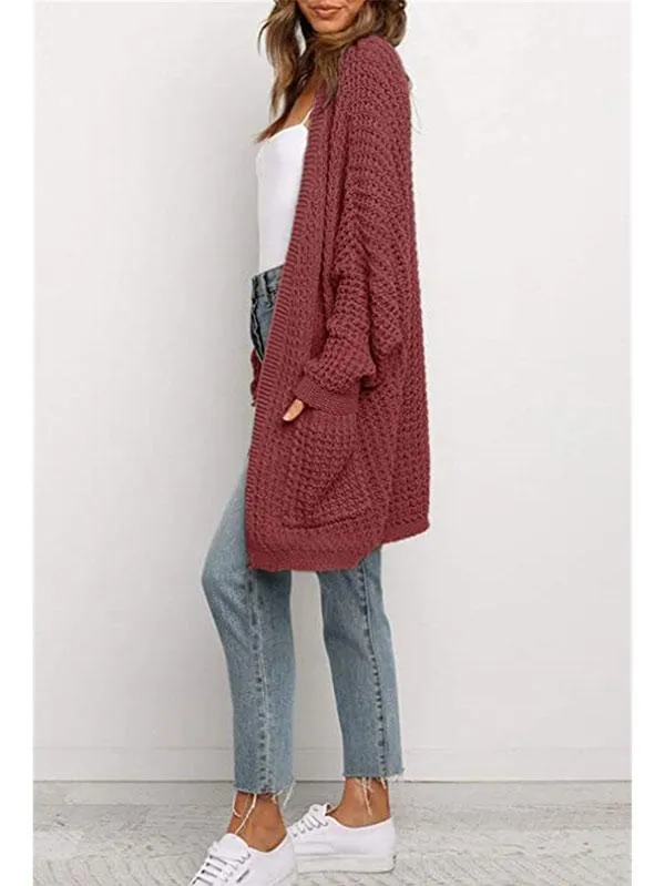 Open Front Waffle Knit Dolman Sleeve Cardigan Sweater For Women
