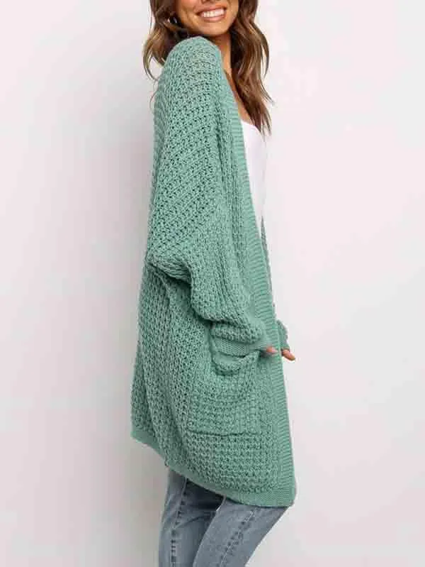 Open Front Waffle Knit Dolman Sleeve Cardigan Sweater For Women
