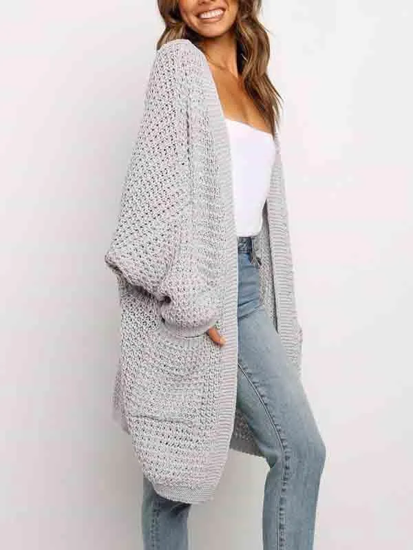 Open Front Waffle Knit Dolman Sleeve Cardigan Sweater For Women