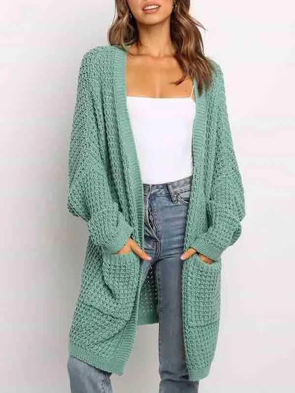Open Front Waffle Knit Dolman Sleeve Cardigan Sweater For Women