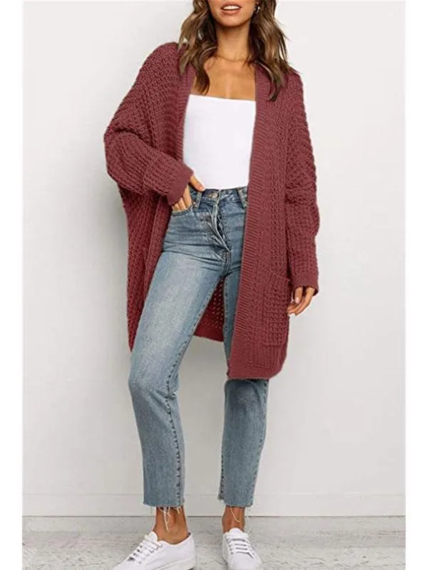 Open Front Waffle Knit Dolman Sleeve Cardigan Sweater For Women