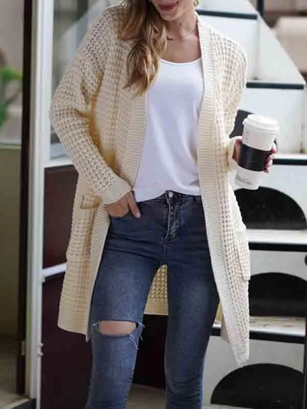 Open Front Waffle Knit Dolman Sleeve Cardigan Sweater For Women