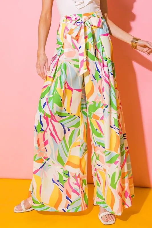 Print high waist wide leg sash belt pants