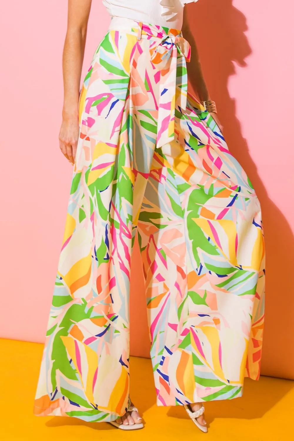 Print high waist wide leg sash belt pants