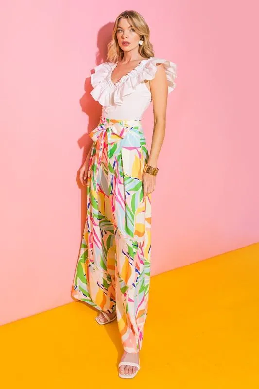 Print high waist wide leg sash belt pants