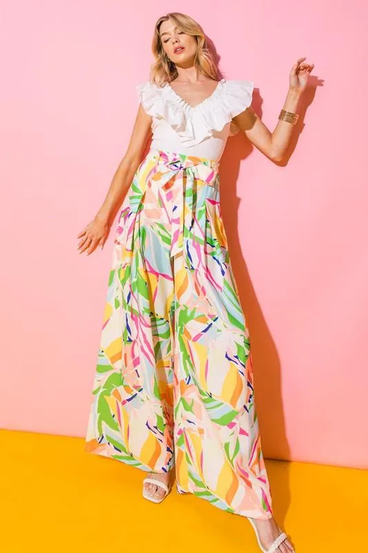 Print high waist wide leg sash belt pants