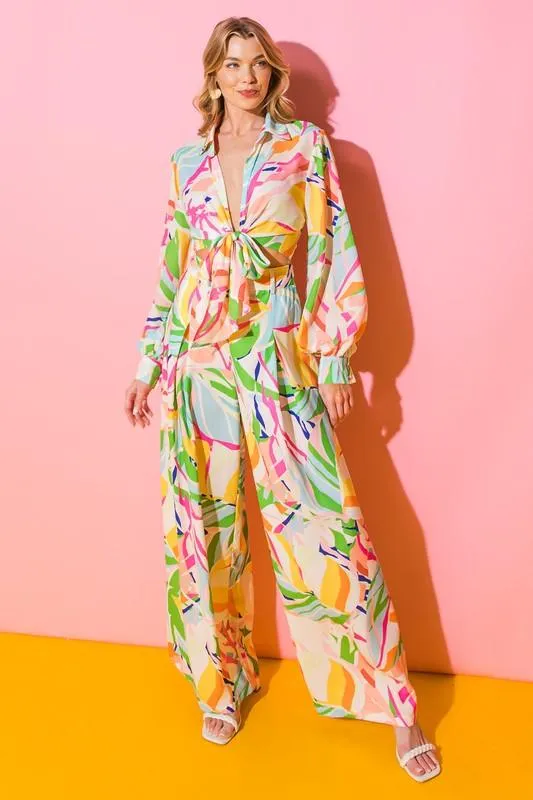Print high waist wide leg sash belt pants