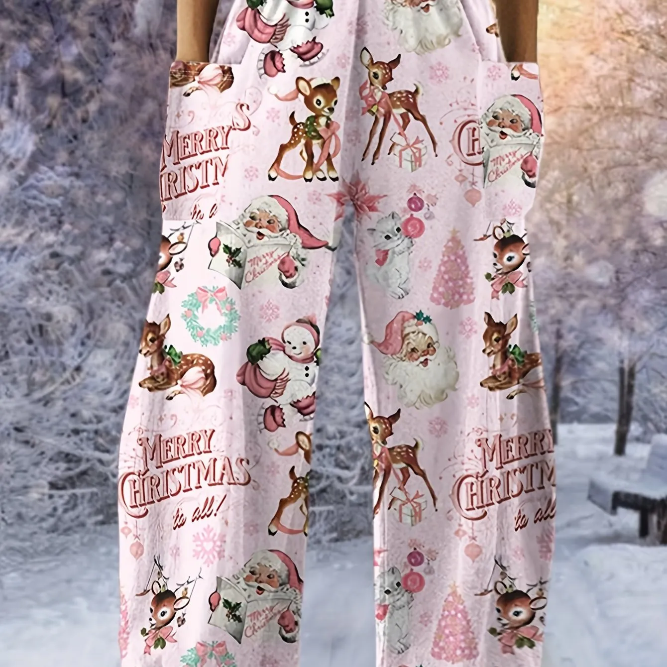 Women's Festive Christmas Animal Print Casual Pants - Cozy Loose-Fit with Pockets, Perfect for Fall/Winter
